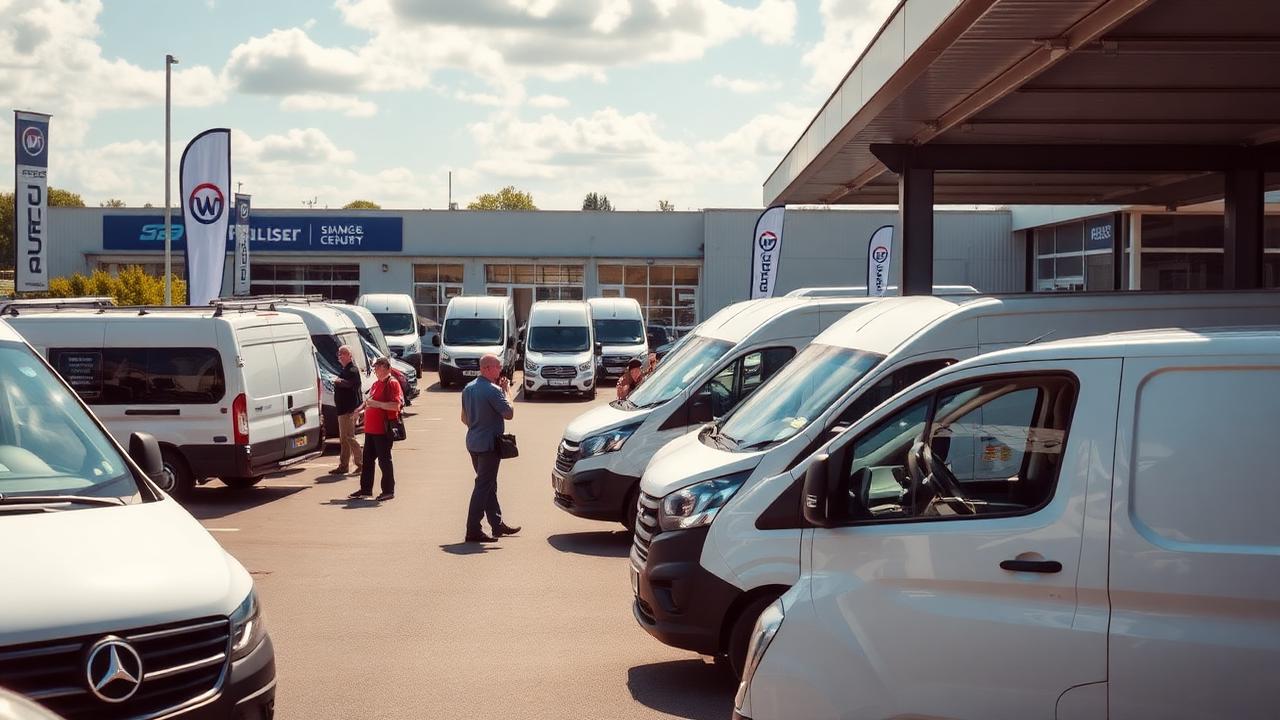 Busy van dealership with customers browsing vehicles