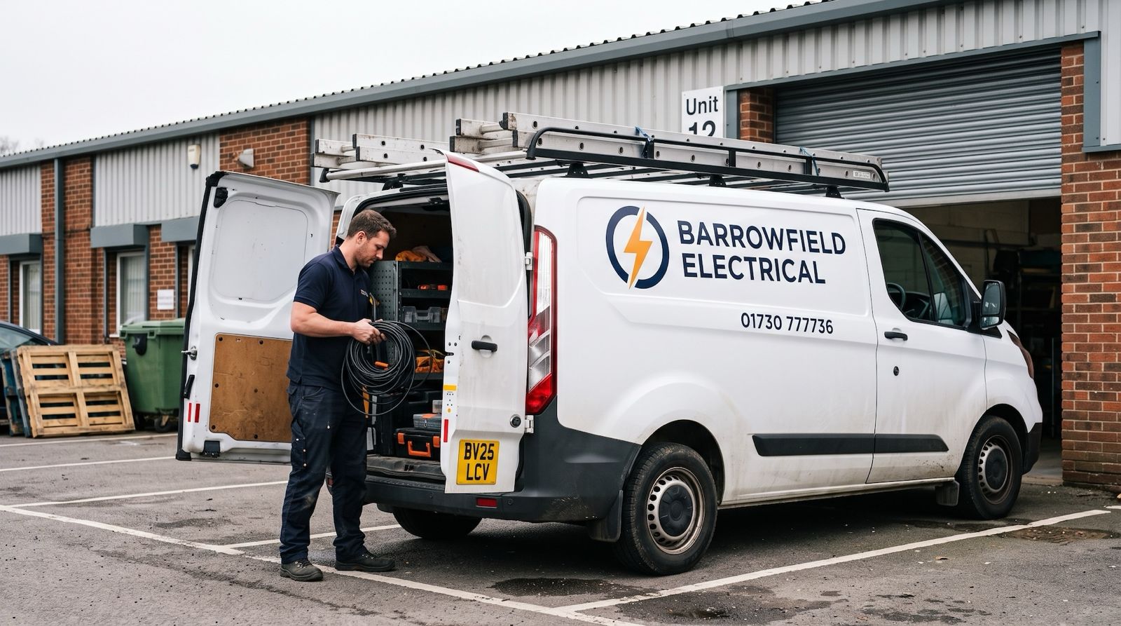 White sign-written panel van with a roof rack and ladders, rear doors open, and an electrician holding a coiled cable outside an industrial unit