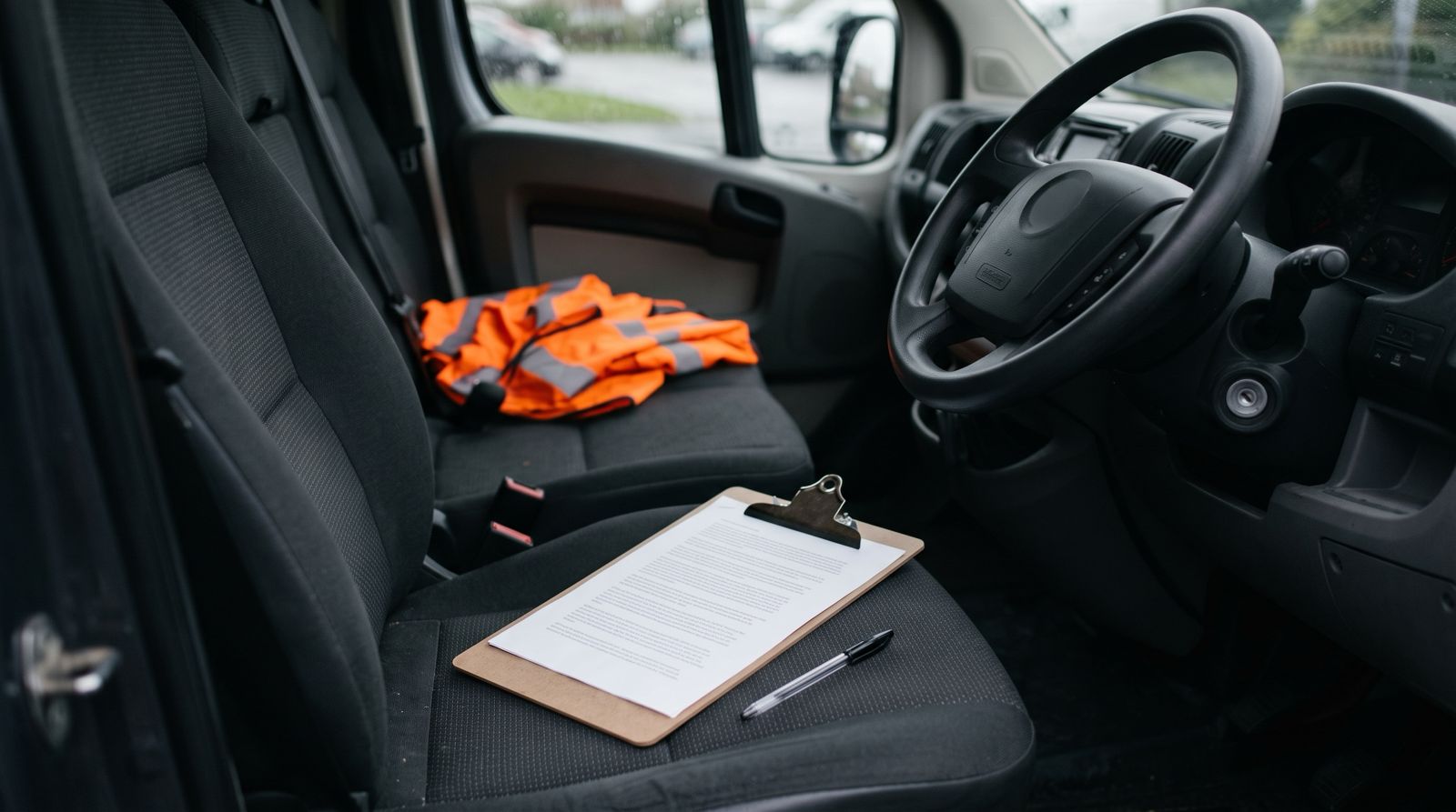 Van cab with a high-visibility jacket on the passenger seat and a clipboard and pen on the driver's seat