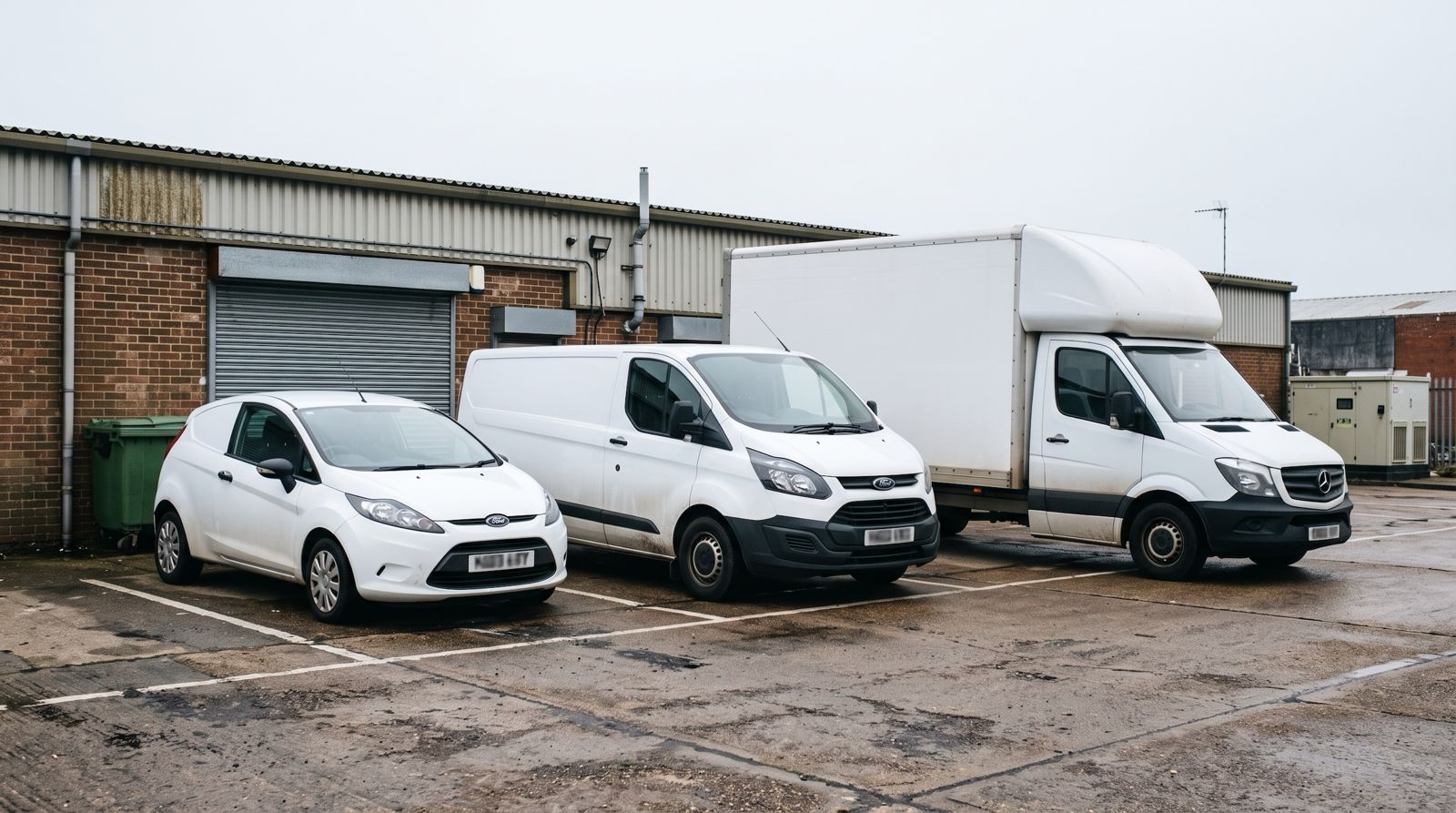 Three white commercial vehicles in a wet yard outside a brick warehouse: a small van, a panel van and a box van