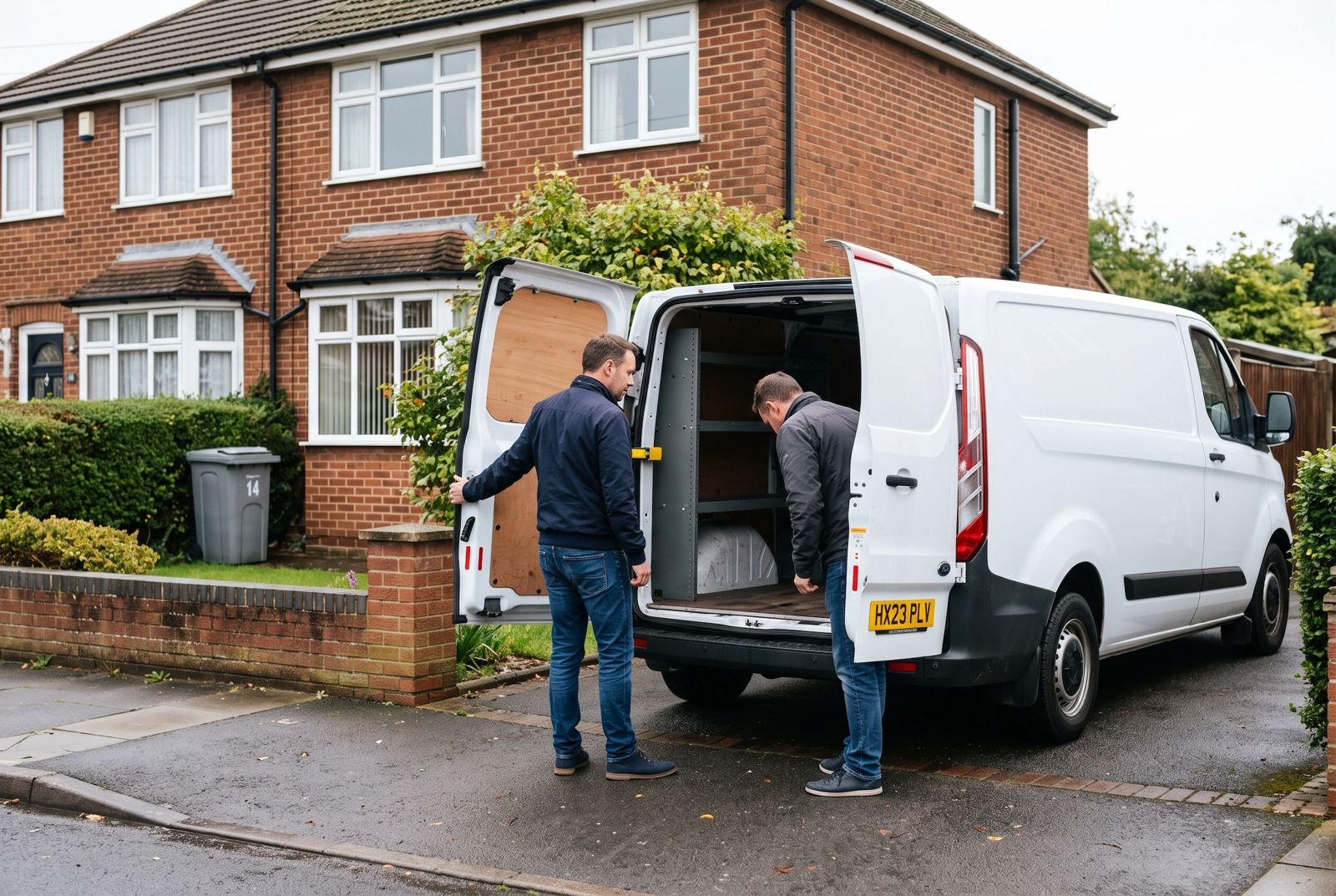 Two men talking at the open rear doors of a white panel van on a residential driveway